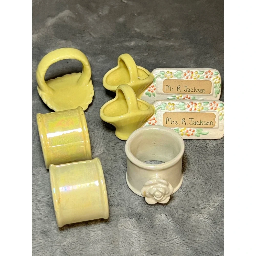 Vintage Ceramic Napkin Ring Lot Basket Floral Rustic Table Decor Set Whimsy